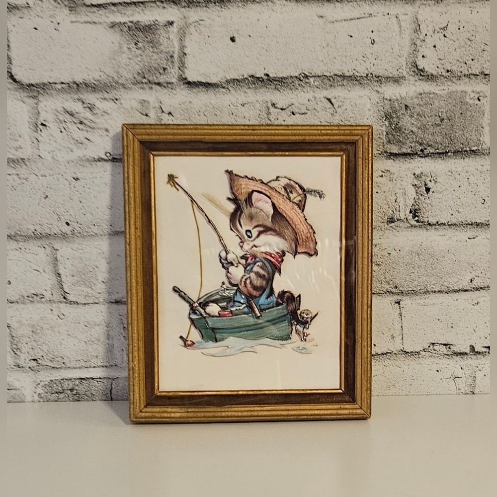 Vintage Kitten Fishing Framed Art Print Cat Storybook Cottagecore Wall Decor